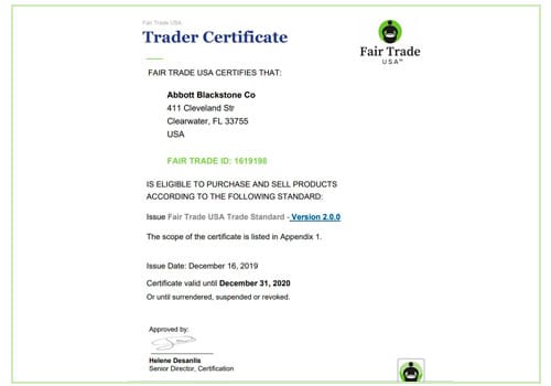 Fair Trade Cert ID 619198 2020 AbbottBlackstone for Cacao Nibs