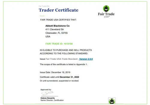 Fair Trade Cert ID 619198 2020 AbbottBlackstone for Cacao Nibs